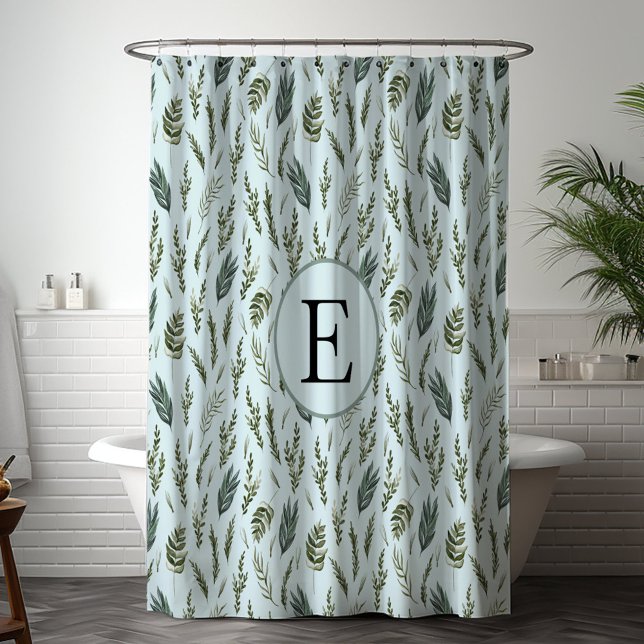Rideaux De Douche Motif végétal Feuille Monogram Green (In situ bathroom)