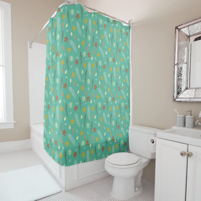 Rideaux De Douche Motif végétal turquoise (En situation)