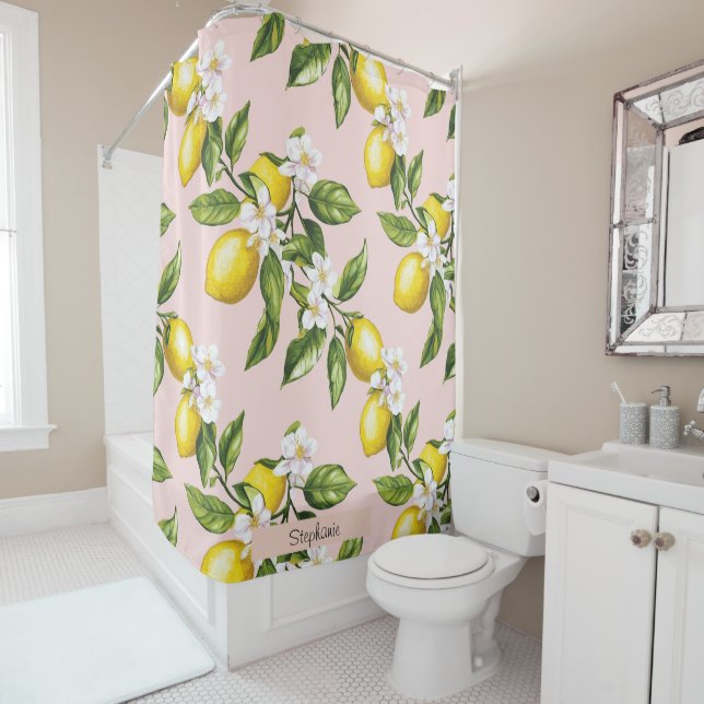 Rideaux De Douche Motif vintage citron et fleurs sur rose (2) (En situation)