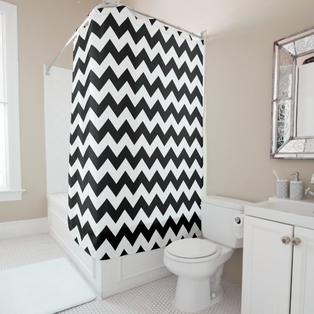 Rideaux De Douche Motif Zigzag noir et blanc, Motif Chevron (En situation)