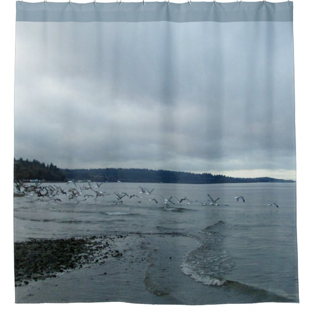 Rideaux De Douche Mouettes au-dessus de plage de Puget Sound (Devant)