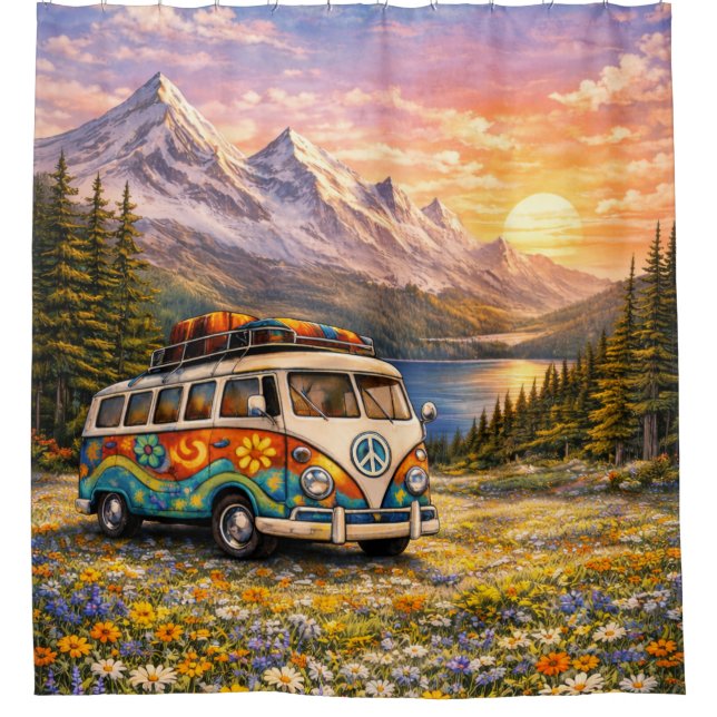 Rideaux De Douche Mountain Sunset Wildflowers Retro Hippie Van Life (Devant)