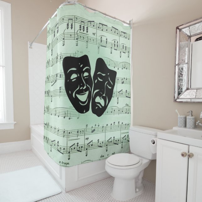 Rideaux De Douche Musique verte et masques grecs de théâtre (En situation)