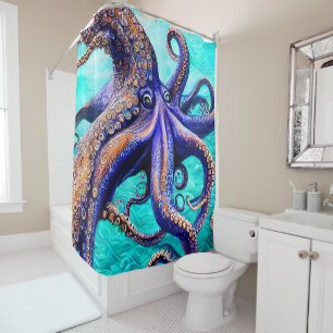 Rideaux De Douche Mystérieuse Octopus Blue Ocean Wave Art Abstrait H