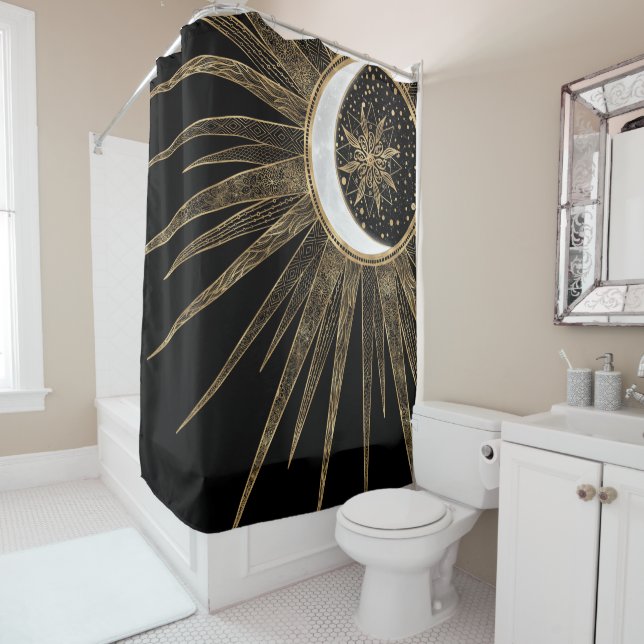 Rideaux De Douche Mystic Black Gold Sun Moon Mandala (En situation)
