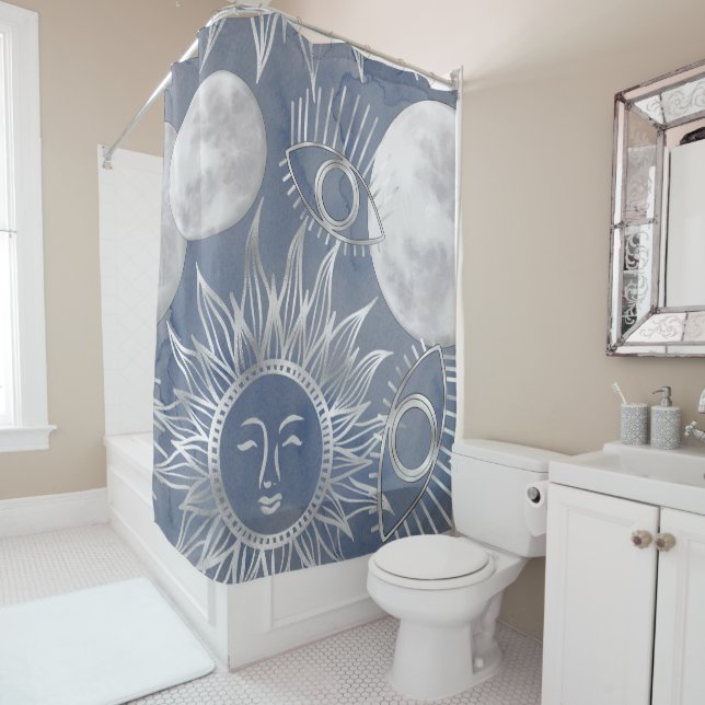 Rideaux De Douche Mystique solaire | Dusty Blue Silver Moon Stars So (En situation)