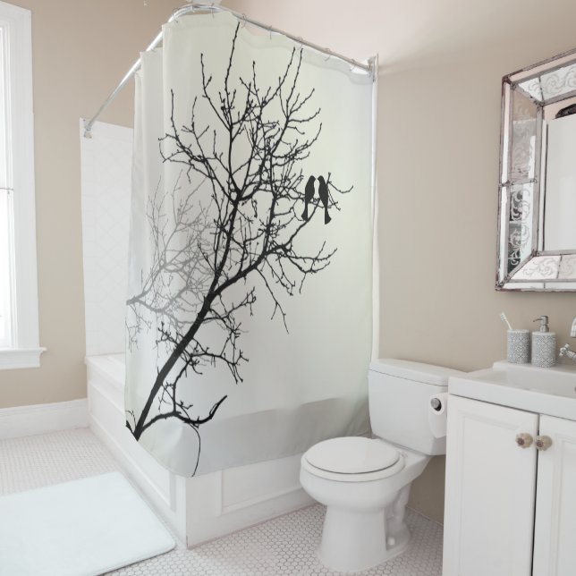 Rideaux De Douche nature zen paysage noir blanc silhouette de l'arbr (En situation)