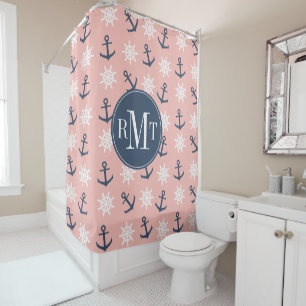 Rideaux De Douche Nautical coral navy blue anchor and wheel pattern