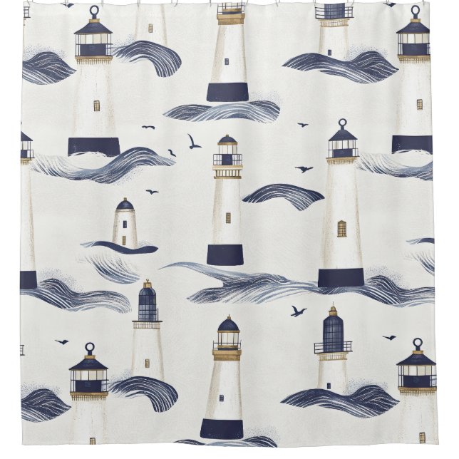 Rideaux De Douche Nautical Lighthouse Coastal Blue Pattern (1) (Devant)