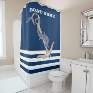Rideaux De Douche Nautique, Ancre Dolphin Marine Bleu rayé