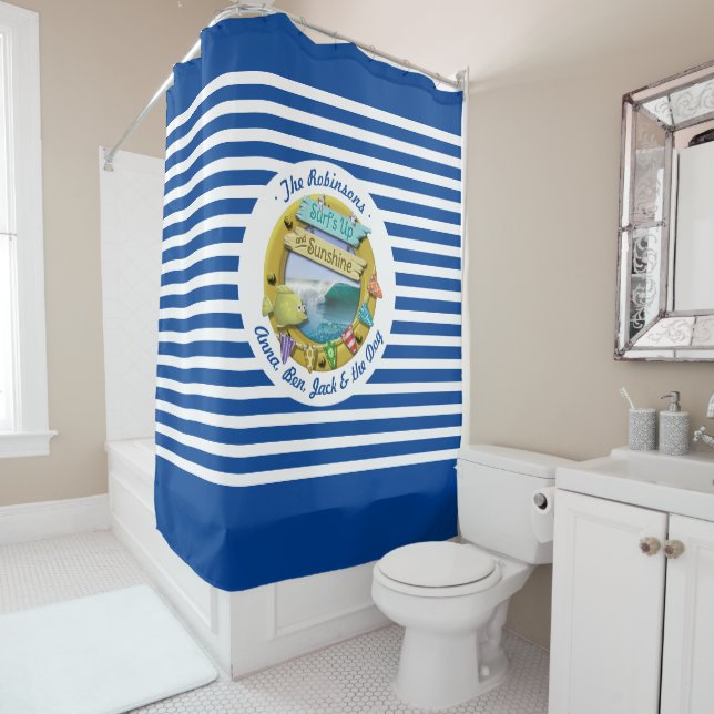 Rideaux De Douche Nautique Marine Bleu Plage rayée Cabine Design été (En situation)