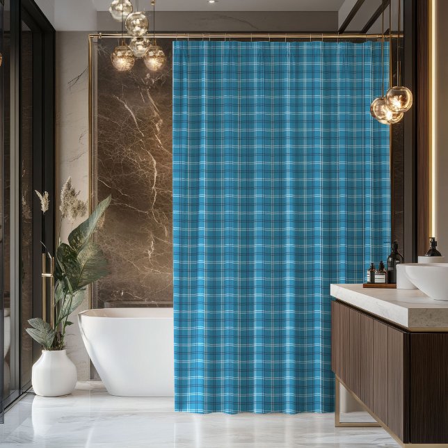 Rideaux De Douche Navy Plaid Curtain Rugged Gift for His Bathroom (Blue Tartan Curtain Classic Gift for Gentlemen)