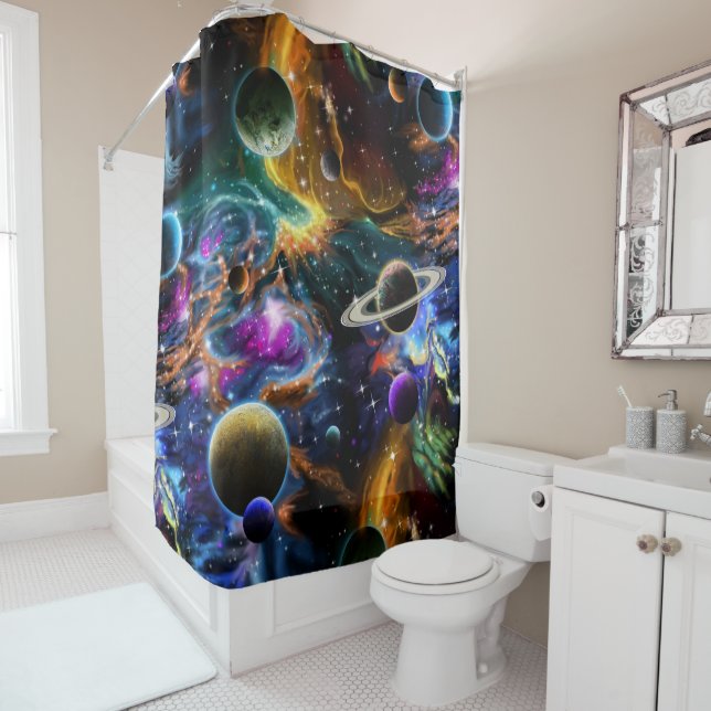 Rideaux De Douche Nébuleuse et planètes de l'espace (En situation)