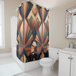 Rideaux De Douche Néo Art Déco Teal Cuivre Géométrique Soleil Éclaté