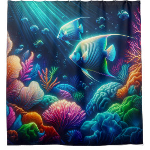 Rideaux De Douche "Neon Angelfish Coral Reef Art"