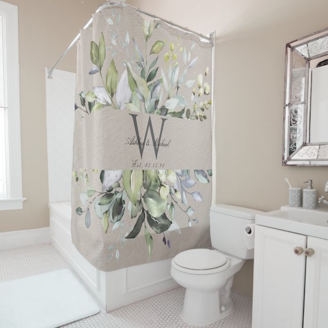 Rideaux De Douche Neual Greenery Monogram Wedding Keepsake (En situation)