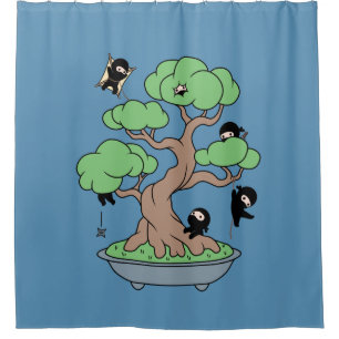 Rideaux De Douche Ninjas minuscules dans l'arbre Bonsai en bleu