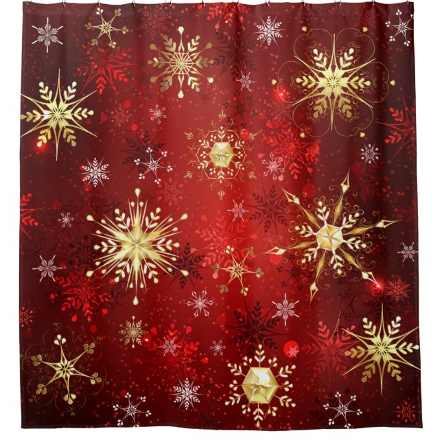Rideaux De Douche Noël Golden Snowflakes sur Arrière - plan rouge (Devant)