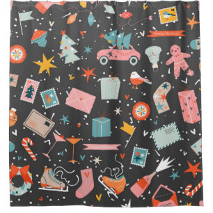 Rideaux De Douche Noël noir : motif vintage orné.