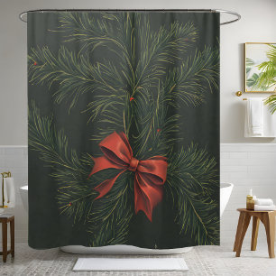Rideaux De Douche Noël Pine Wreath Red Bow Festive