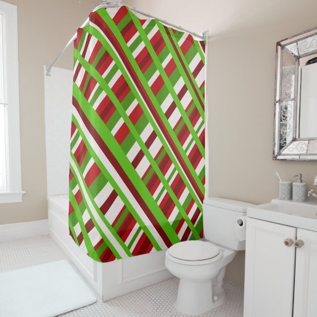 Rideaux De Douche Noël Plaid Diagonal en rouge, vert et blanc (En situation)