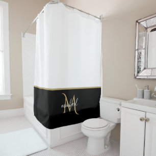 Rideaux De Douche Noir   Blanc   & Monogramme Or Luxe 