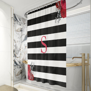 Rideaux De Douche Noir Blanc Rayé Rouge Argent Floral Monogramme
