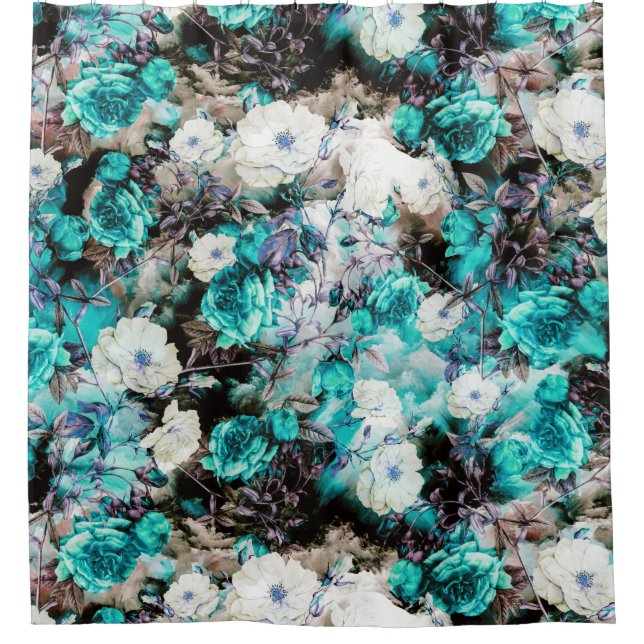 Rideaux De Douche Noir blanc turquoise de turquoise florale (Devant)