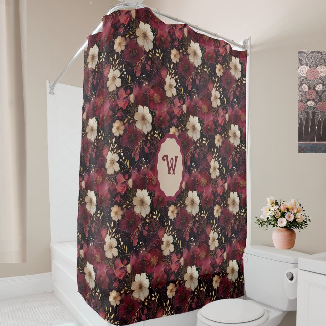Rideaux De Douche Noir Bourgogne Gold Crème Vintage Floral Monogramm (Créateur téléchargé)