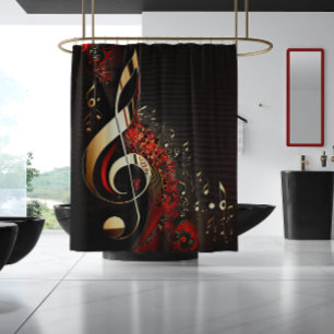 Rideaux De Douche Noir Chic Red et Gold Clef Note