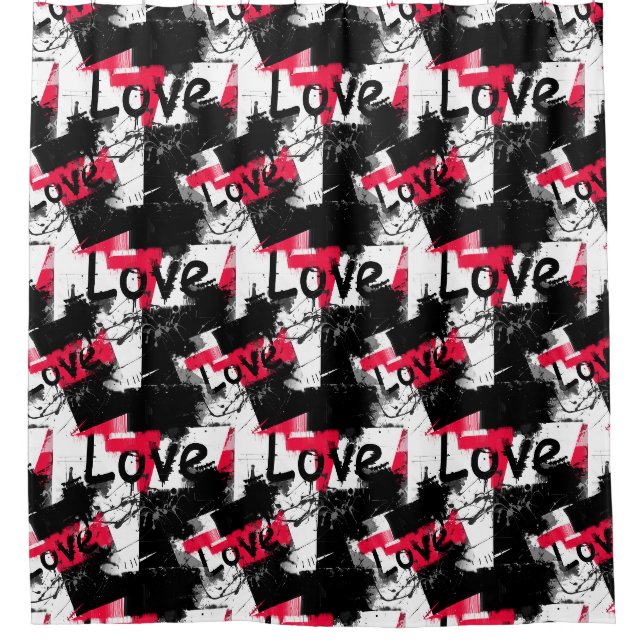 Rideaux De Douche Noir et blanc avec motif d'amour à taches rouges (Devant)