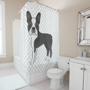 Rideaux De Douche Noir Et Blanc Boston Terrier Cartoon Chien & Pâtes