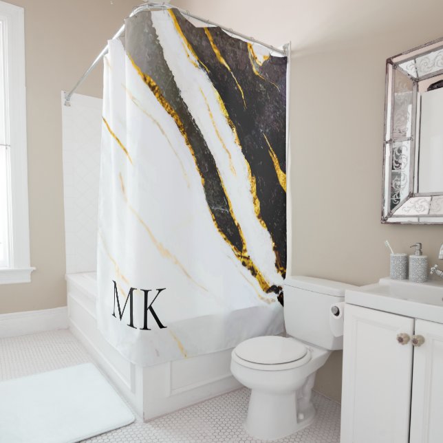 Rideaux De Douche Noir et Marbre blanc (En situation)