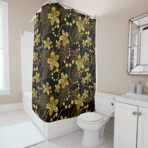 Rideaux De Douche Noir et or feuilles tropicaux & fleurs motif