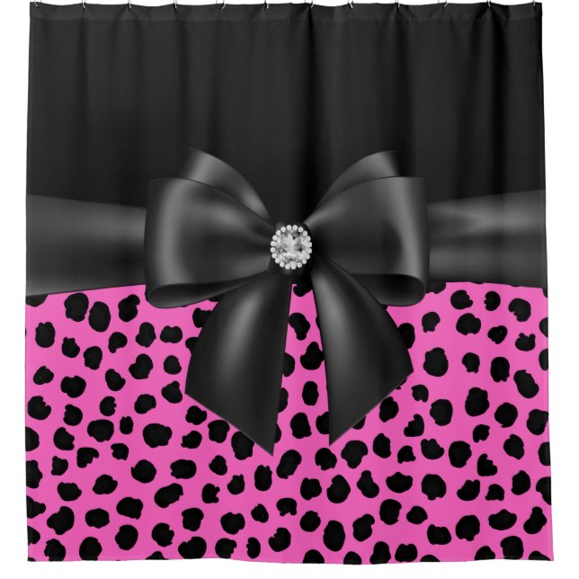 Rideaux De Douche Noir glam Bow rose Empreinte de léopard-Noir (Devant)