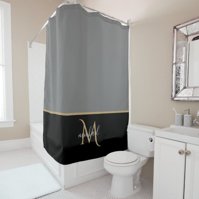 Rideaux De Douche Noir | Gris   & Monogramme Or Élégant Luxe (En situation)