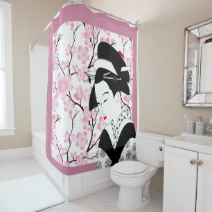 Rideaux De Douche noir japonais de rose de geisha de fleurs de