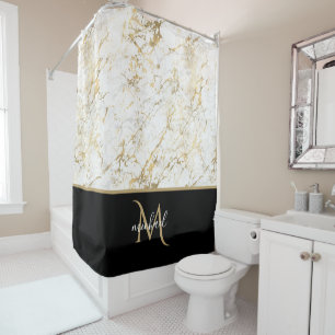 Rideaux De Douche Noir Or & Marbre Monogramme Élégant Luxe