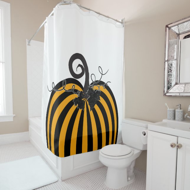 Rideaux De Douche Noir & Orange Citrouille rayé Chic Automne automne (En situation)