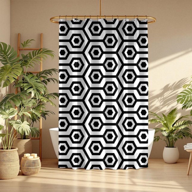 Rideaux De Douche Noir sur le Motif géométrique octogone blanc (Créateur téléchargé)