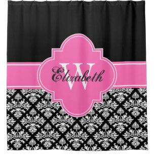 Rideaux De Douche Noir Wht LG Damask #3 CB1IR Rose Chaud Monogramme