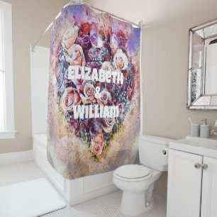 Rideaux De Douche Nom Aquarelle Vintage du Coeur Rose coloré