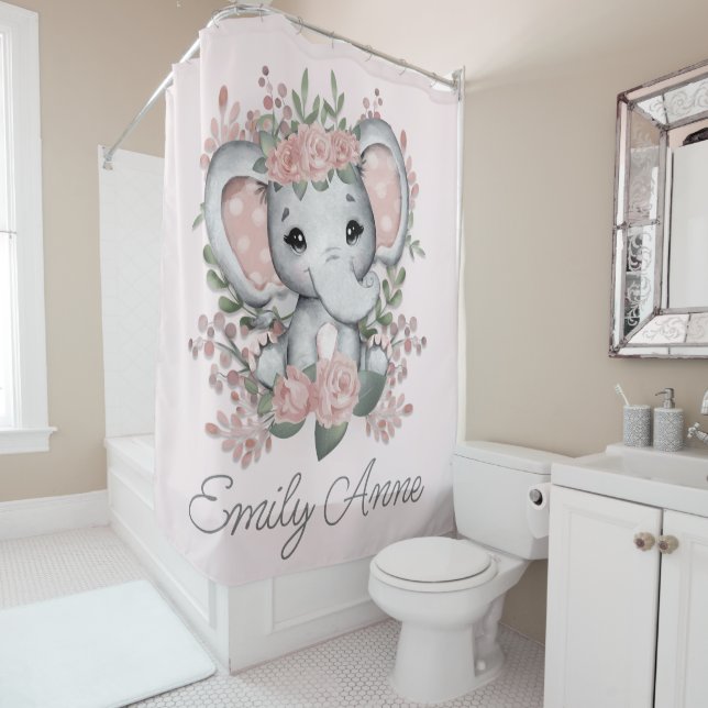 Rideaux De Douche Nom de l'enfant Eléphant rose rose floral (En situation)