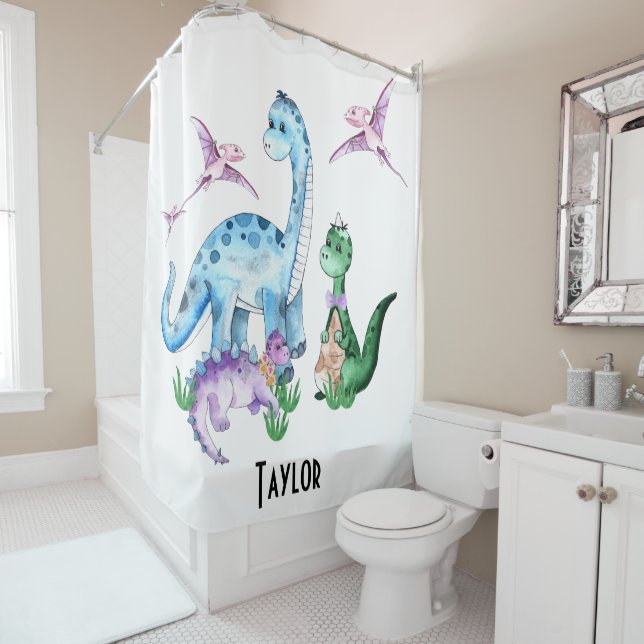 Rideaux De Douche Nom de l'enfant mignon Dinosaures bleu pourpre ver (En situation)