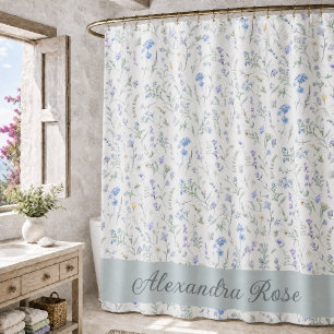 Rideaux De Douche Nom de monogramme de fleur sauvage aquarelle bleu