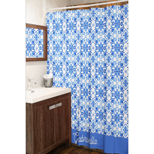 Rideaux De Douche Nom de motif de toile française bleue