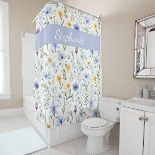 Rideaux De Douche Nom d'élégante fleur sauvage à l'aquarelle bleu vi