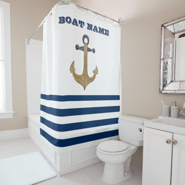 Rideaux De Douche Nom du bateau, Ancre rétro Marine Bleu Bleu Blancs (En situation)