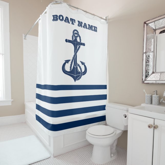 Rideaux De Douche Nom du bateau nautique, Ancre Bleu Bleu Bleu Blanc (En situation)