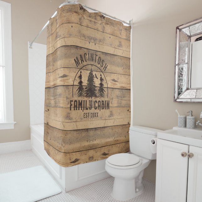 Rideaux De Douche Nom du Cabine de famille Rustic Wood Personnalisé  (En situation)